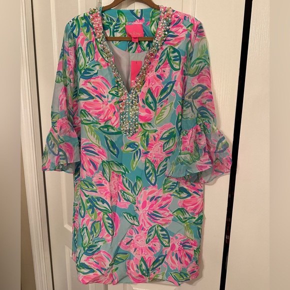LILLY PULITZER ELENORA Totally Blossom
Silk Dress Pink Blue Embellished Large - Picture 1 of 12
